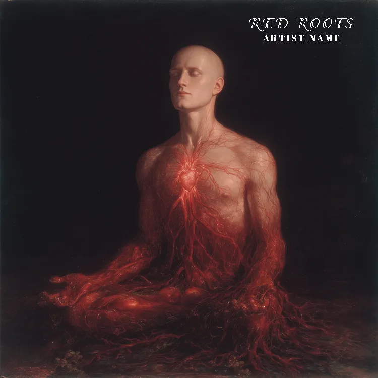 A stunning Red Roots music cover art featuring glowing crimson organic root structures intertwined in a dark, mysterious void.