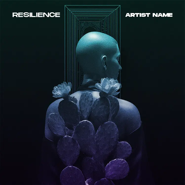 A captivating Resilience album cover art featuring a figure with a cactus plant growing from their back, set against a dark, minimalist, and dystopian background.