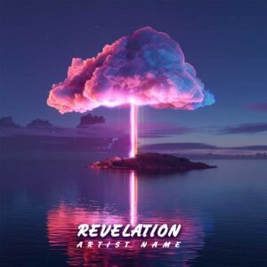 Revelation - A magical music album cover featuring a glowing pink and purple cloud with a beam of light over a small island in a calm sea at dusk.