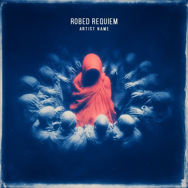 A haunting Robed Requiem music cover art featuring a mysterious robed figure in a dark, atmospheric setting with cinematic lighting.