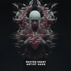 A dark and intricate Rooted Heart album cover art featuring a stylized figure holding a glowing, organic heart, surrounded by complex root-like structures.