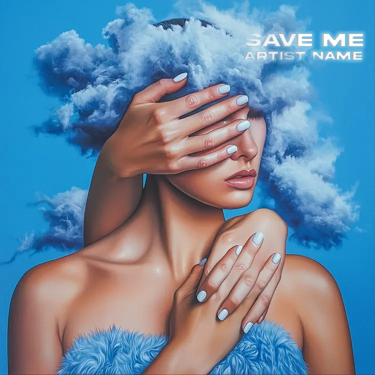 A serene figure with hands covering the face, surrounded by swirling clouds and dressed in a blue feathered garment, set against a bright blue sky, symbolizing vulnerability and hope.