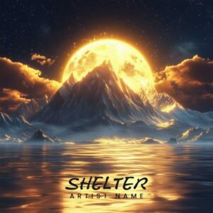 Shelter - A majestic music album cover featuring a glowing full moon illuminating snowy mountains and reflecting on a calm lake under a starry sky.