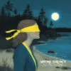 Shore Silence Album Cover - A serene music album cover featuring a blindfolded figure on a moonlit shore with pine forests in the background, evoking a mysterious night atmosphere.