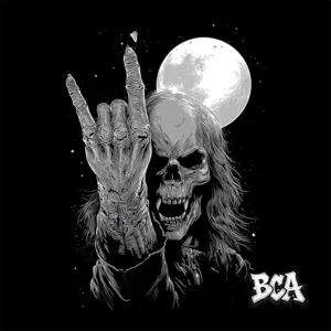 Silent Death Moonlit Rocker blank album cover artwork, customizable with title, featuring a screaming skull with a rock hand sign under a full moon, perfect for Death Metal projects and instant download.