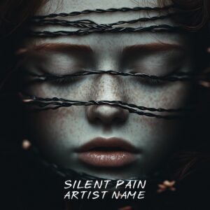 Silent Pain Album Cover - A haunting music album cover featuring a face with closed eyes and freckles, bound by black ropes, set against a dark background, evoking silent suffering.