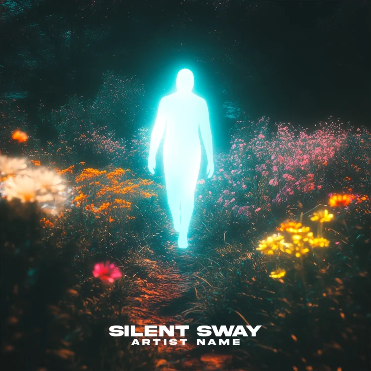 An ethereal Silent Sway album cover art featuring a glowing, translucent figure walking on a path through a dark, vibrant, and mystical flower garden.