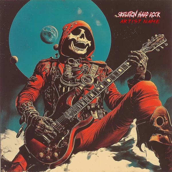 Skeleton Hard Rock album cover featuring a skeleton playing an electric guitar in a cosmic setting.