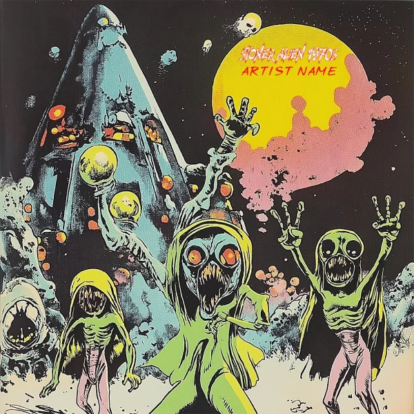 1970s-inspired stoner alien album cover featuring psychedelic creatures and a surreal cosmic landscape.