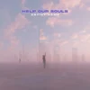 Help Our Souls soul thieves album cover art Surreal minimalist album cover art featuring a lone silhouette standing in a hazy, pink-hued dreamscape reaching up toward a tall vertical reflective mirror under a cloudy sky.