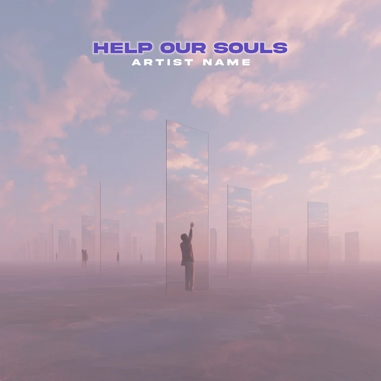 Help Our Souls surreal minimalist album cover art Surreal minimalist album cover art featuring a lone silhouette standing in a hazy, pink-hued dreamscape reaching up toward a tall vertical reflective mirror under a cloudy sky.
