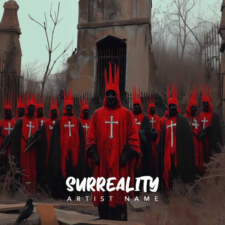 Surreality - A haunting music album cover featuring a group of red-robed, horned figures in front of a dilapidated gothic structure with a raven in the foreground.