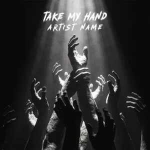 Monochrome and moody dark album cover art showcasing an intense arrangement of hands reaching up toward a dramatic top-down light source against a pitch-black background.