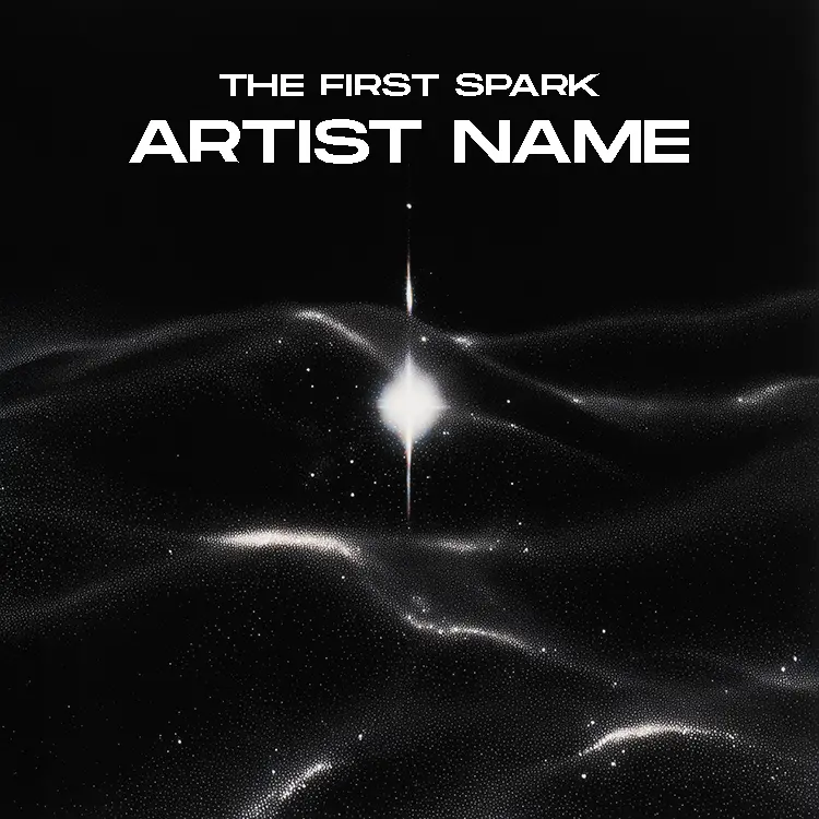 A minimalist The First Spark album cover art featuring a single bright light or star emerging from a dark, wavy, cosmic landscape with subtle white particles.