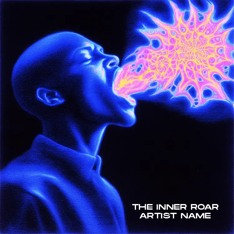 A powerful The Inner Roar album cover art featuring a blue figure shouting, emitting a bright pink and yellow energy burst from their mouth, set against a dark background.