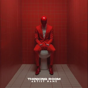 A surreal music album cover featuring a person in a red suit and helmet sitting on a toilet in a red-tiled room.