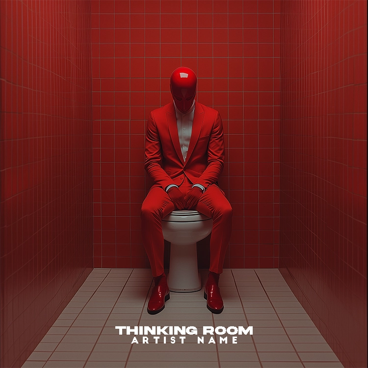 A surreal music album cover featuring a person in a red suit and helmet sitting on a toilet in a red-tiled room.