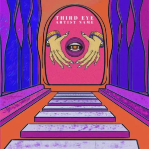 A vibrant Third Eye music album cover art with hands framing a mystical eye, set in an ethereal, spiritual pathway.