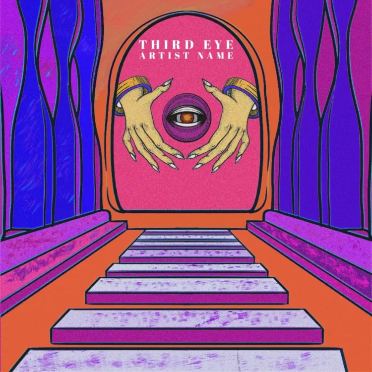 A vibrant Third Eye music album cover art with hands framing a mystical eye, set in an ethereal, spiritual pathway.