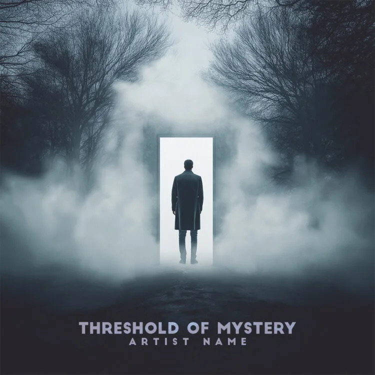 Threshold of Mystery - Surreal album cover featuring a lone figure entering a glowing doorway surrounded by mist.