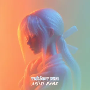 Twilight Muse - Dream Pop Album Cover - A dreamy music album cover featuring a figure with long white hair and a bow, draped in white fabric, set against a warm twilight backdrop of orange and green hues.