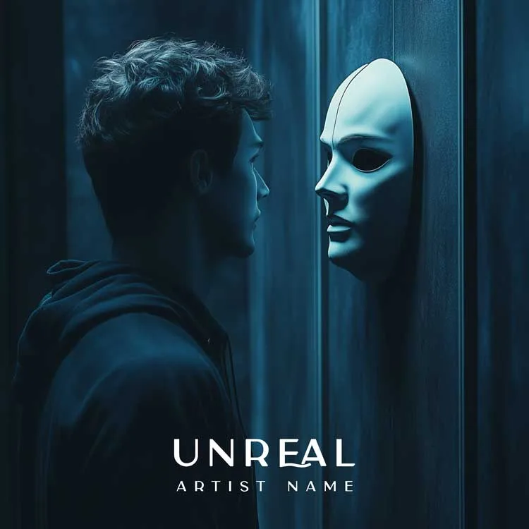 Unreal - Alternative Indie Album Cover - A moody music album cover featuring a person facing a white mask on a blue wall in a dimly lit space.