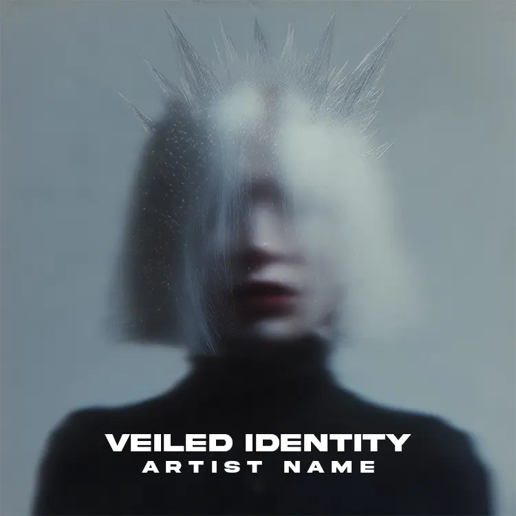 A blurred and abstract Veiled Identity album cover art featuring a mysterious figure with spiky hair, conveying anonymity and modern electronic vibes.