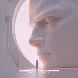 Watcher of the Unknown - Sci-Fi Album Cover - A mysterious music album cover with a lone figure facing a giant stone face in a futuristic setting.