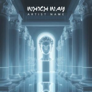 Which Way - Neoclassical Album Cover - A majestic music album cover featuring a holographic bust in a marble hall with glowing columns and a radiant archway.