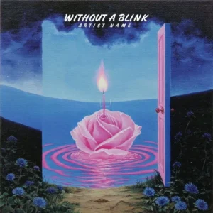 A surreal Without-A-Blink_Album_Cover_Artwork featuring an open pink doorway leading to a blue landscape with a floating rose and a lit candle.