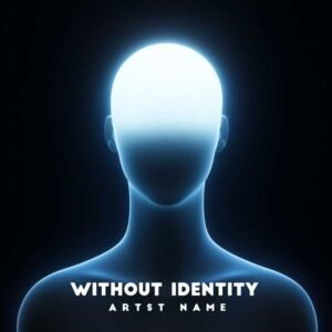 Without Identity - A philosophical music album cover featuring a glowing blue silhouette with a featureless head against a black void.