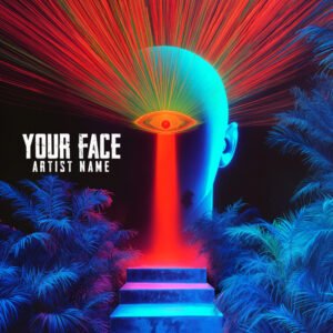 A vibrant Your-Face_Album_Cover_Art featuring a giant neon blue head with a beaming third eye throwing a red laser beam down on stairs surrounded by tropical palm trees.