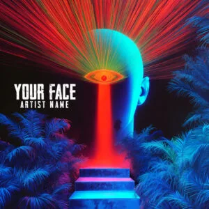 A vibrant Your-Face_Album_Cover_Art featuring a giant neon blue head with a beaming third eye throwing a red laser beam down on stairs surrounded by tropical palm trees.